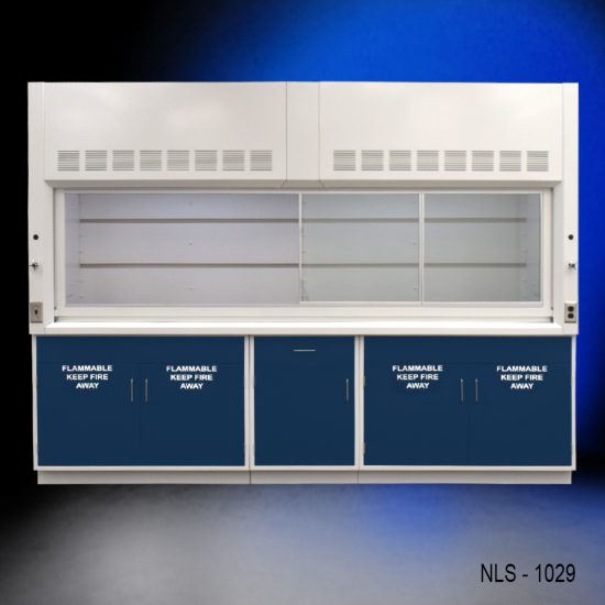 Front view with cabinet doors all to the right of 10' x 48" Fisher American Fume Hood with Blue Flammable Storage Cabinets