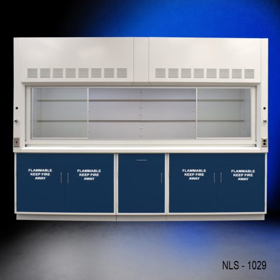 Front view of 10' x 48" Fisher American Fume Hood with Blue Flammable Storage Cabinets