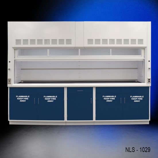 smaller Front view of 10' x 48" Fisher American Fume Hood w/ Blue Flammable Storage Cabinets