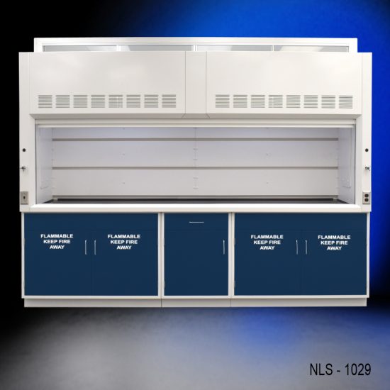 Front view of 10' x 48" Fisher American Fume Hood w/ Blue Flammable Storage Cabinets