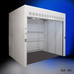 Full left side view 6 x 6 Fisher American Walk In Fume Hood (Deep Work Area) with blue background