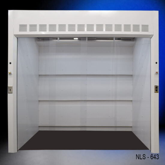 Front 6 x 6 Fisher American Walk In Fume Hood (Deep Work Area) with blue background