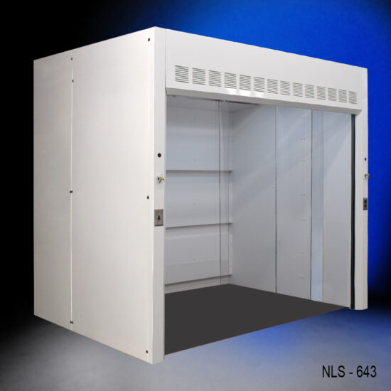 Wider left side view 6′ x 6' Fisher American Walk-In Fume Hood (Deep Work Area) with blue background