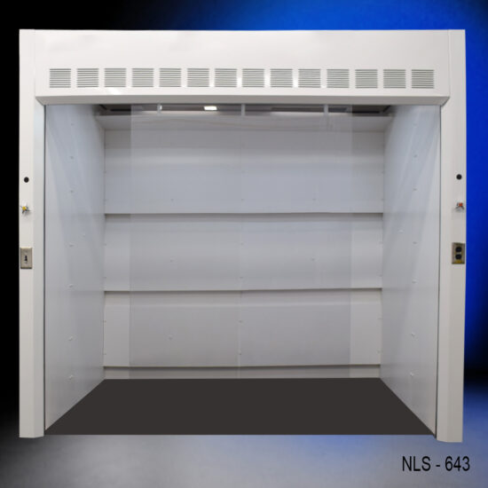Front side 6′ x 6' Fisher American Walk-In Fume Hood (Deep Work Area) with blue background