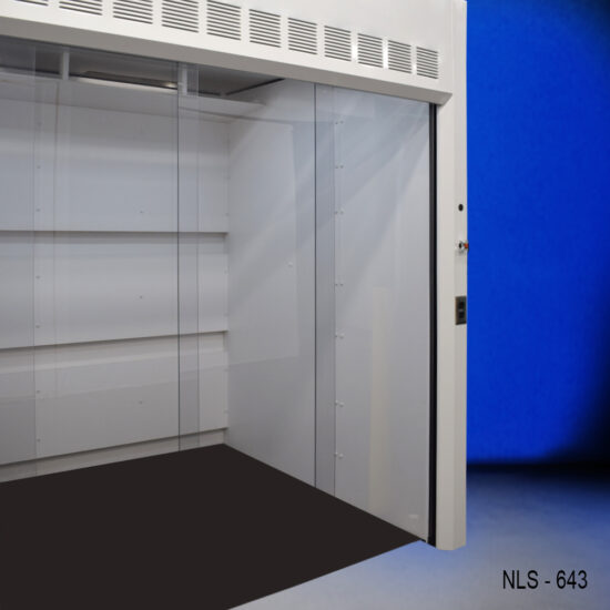 Right side close up 6′ x 6' Fisher American Walk-In Fume Hood (Deep Work Area) with blue background