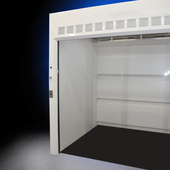 Left side close up6′ x 6' Fisher American Walk-In Fume Hood (Deep Work Area) with blue background