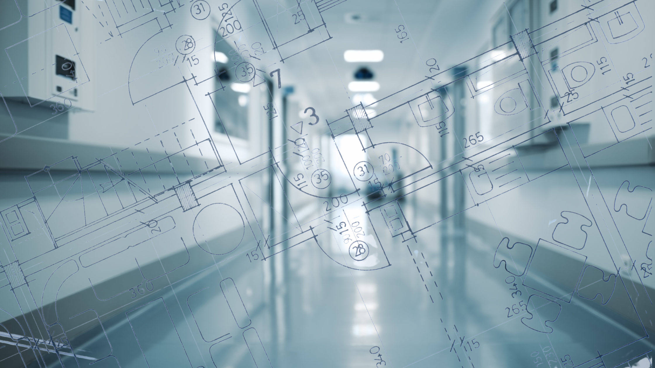 A composite image blending a modern laboratory hallway and a transparent architectural blueprint overlay. The hallway is clean and brightly lit, with white walls, polished floors, and doors leading to different lab rooms. The blueprint overlay features detailed floor plans, including measurements, symbols, and room layouts, representing the design and planning process involved in constructing laboratory facilities. The combination of the real-world lab environment and blueprint highlights the connection between design, safety, and functionality in modern laboratories.