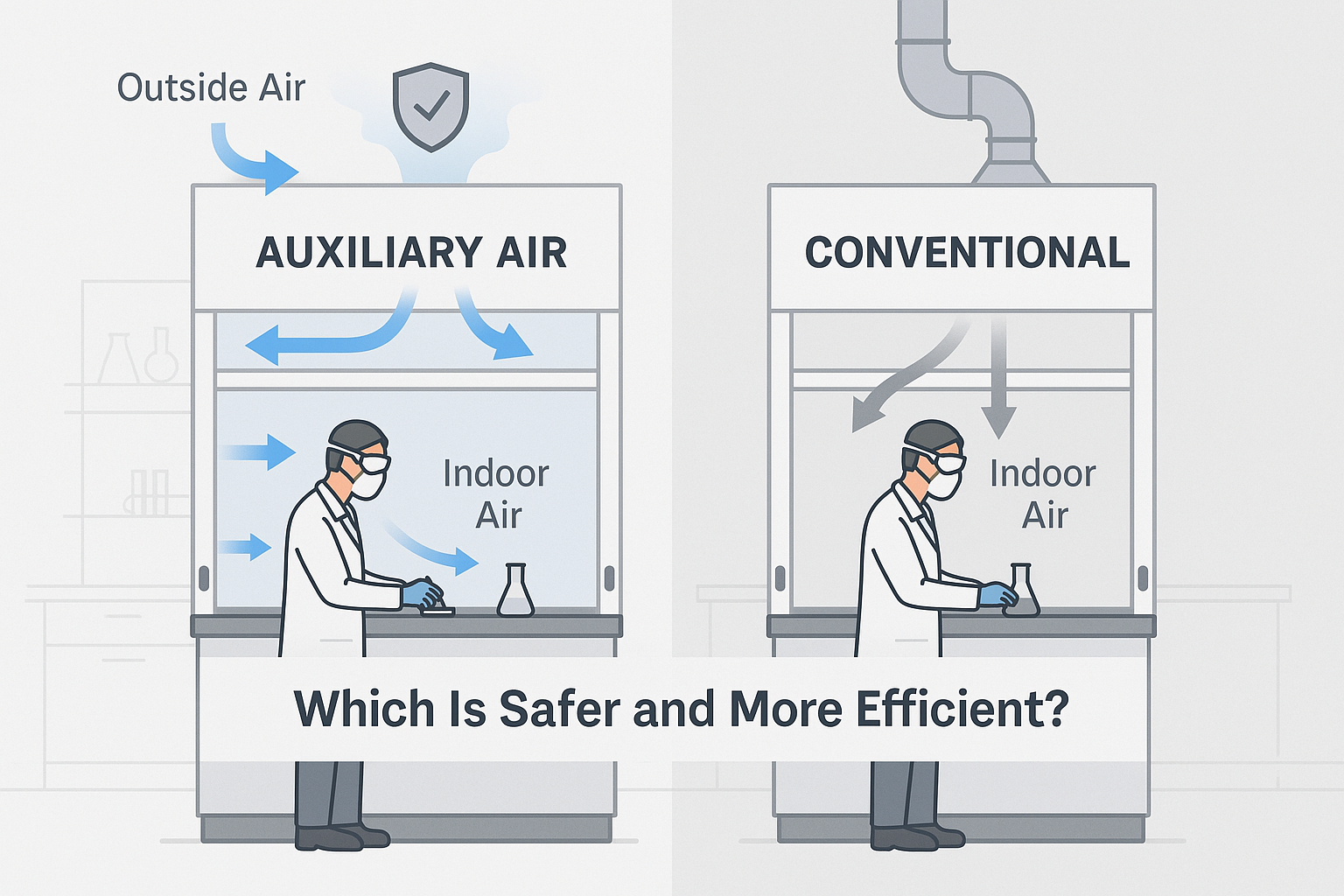 Side-by-side digital illustration comparing auxiliary air and conventional fume hoods in a laboratory setting. On the left, the auxiliary air fume hood shows outside air entering from above and the sides, mixing with indoor air. A lab technician works inside wearing safety gear. On the right, the conventional fume hood uses only indoor air with airflow directed through ductwork overhead. Both setups are labeled, with the question “Which Is Safer and More Efficient?” displayed across the bottom.