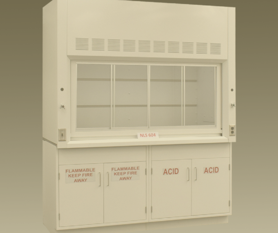 Fisher American laboratory fume hood workstation with four base storage cabinets labeled for flammable and acid storage. The two left cabinets are marked 'FLAMMABLE KEEP FIRE AWAY' in red text, and the two right cabinets are labeled 'ACID.'