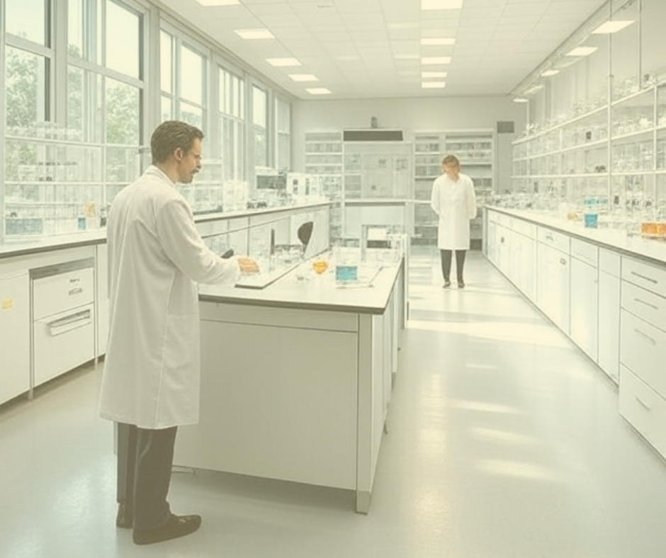 A spacious, modern laboratory with large windows along one side, allowing ample natural light to fill the room. Two scientists wearing white lab coats work at separate stations—one in the foreground taking notes at a central island, and another standing further back near the far counters.