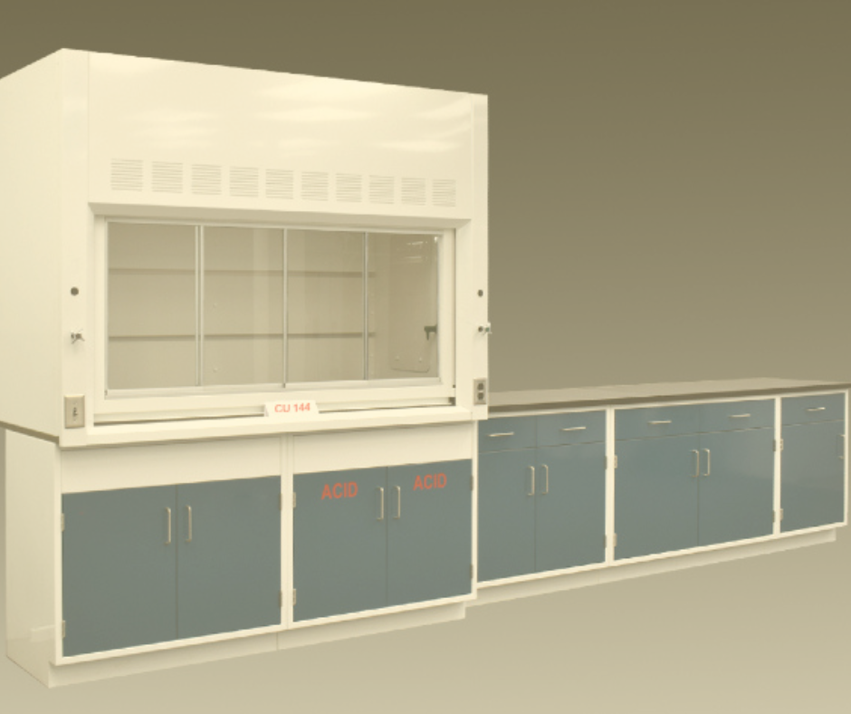 Laboratory fume hood with sliding glass sash, overhead ventilation, and blue acid-resistant base cabinets with black countertops, designed for chemical safety.